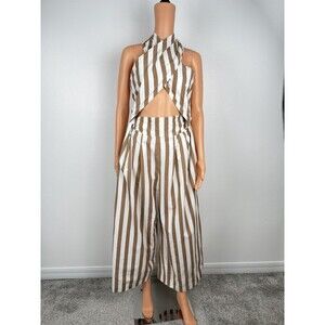 AILE Brazil Striped Cutout Backless Halter Palazzo Jumpsuit Large Rare Designer
